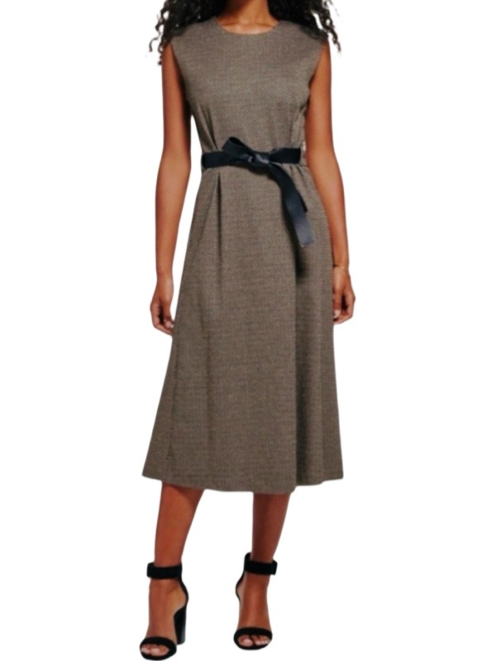 NEW Calvin Klein Sleeveless Belted Dress Lurex A-line Black Brown Tan Size 4